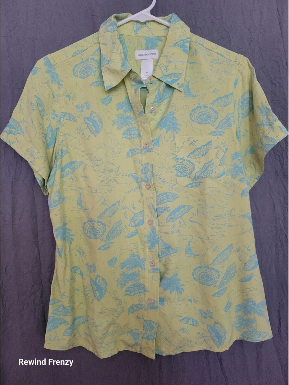 Liz Claiborne Silk Hawaiian Shirt Womens M Green Blue Button Front Tropical
